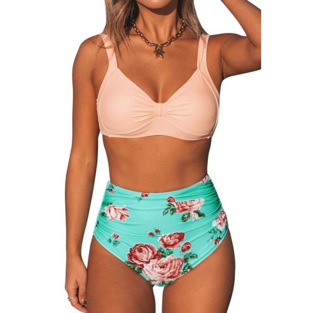 Cupshe Peach And Floral Knot High Waisted Bikini S
